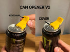 Erklärgrafik zeigt den gelben Clip als Schlüsselanhänger beim Öffnen der Dosenlasche und umgedreht als Verschlusskappe auf der offenen Dose