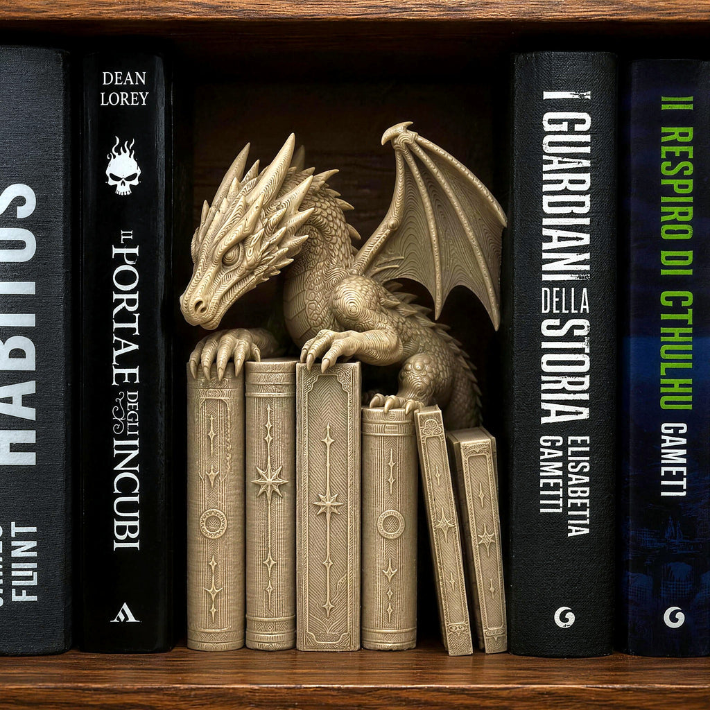 Drachen-Buchstütze in Knochenweiß im Holzregal, dramatisch inszeniert zwischen Büchern