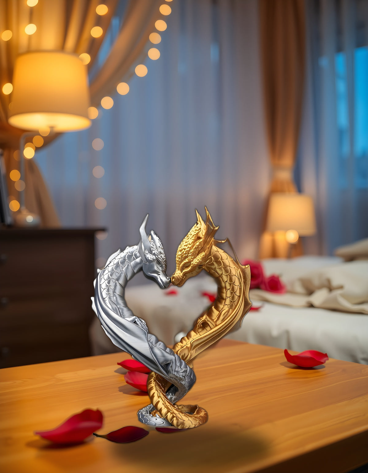 Drachen-Herz-Skulptur Gold & Silber auf Nachttisch mit Rosenblättern und Lichterkette, Frontalansicht der Herzform – Münch3D