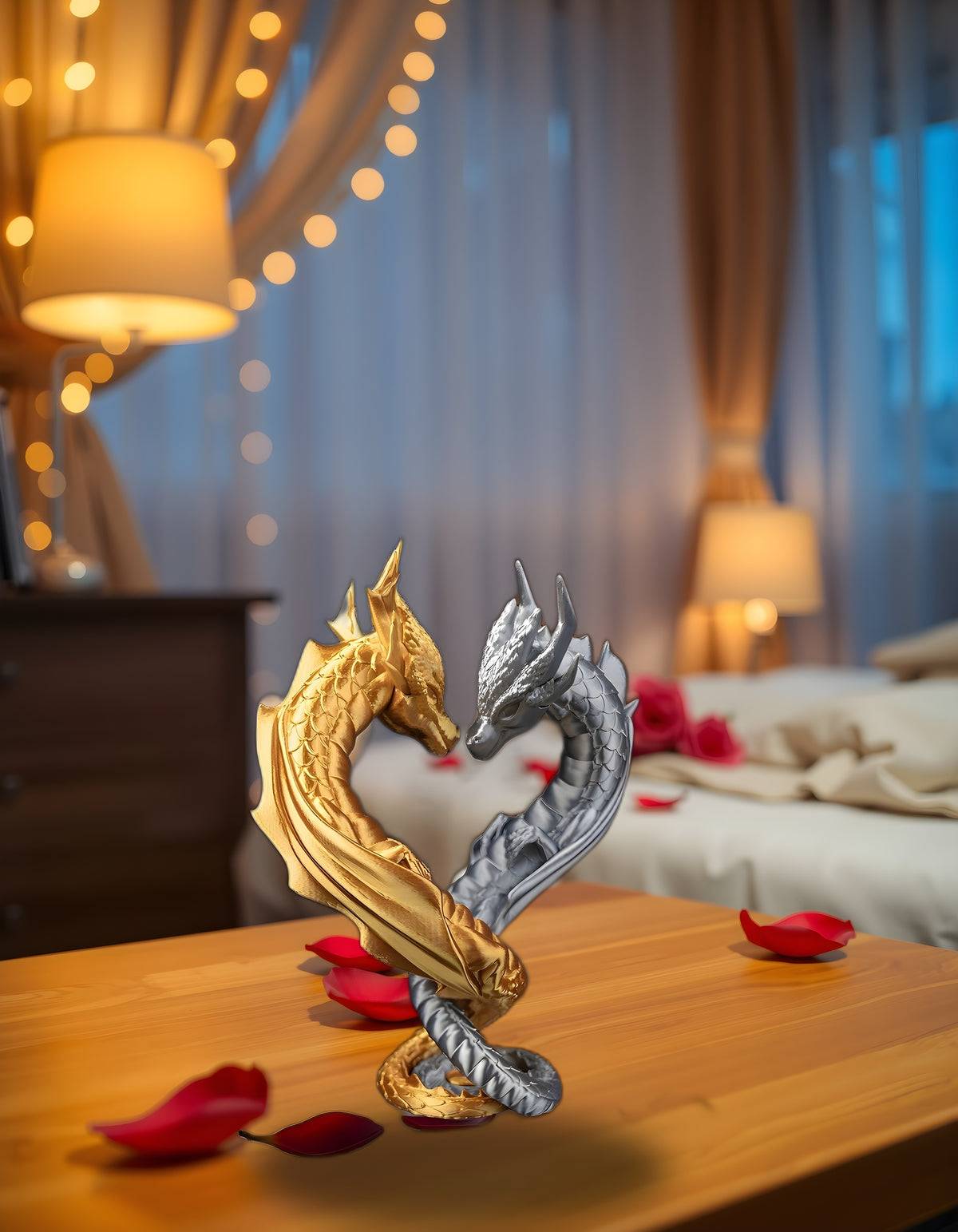 Drachen-Herz-Skulptur Gold & Silber auf Nachttisch mit Rosenblättern, weitere Frontalansicht mit warmem Kerzenlicht – Münch3D
