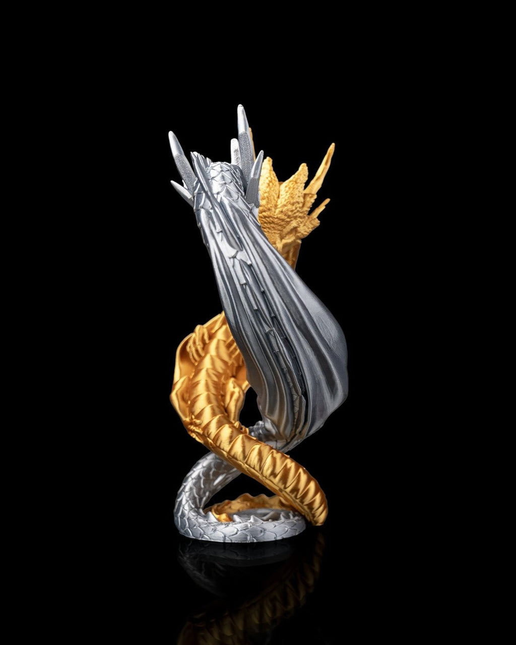 Drachen-Herz-Skulptur Gold & Silber, Rückansicht – 23 cm Figur Münch3D