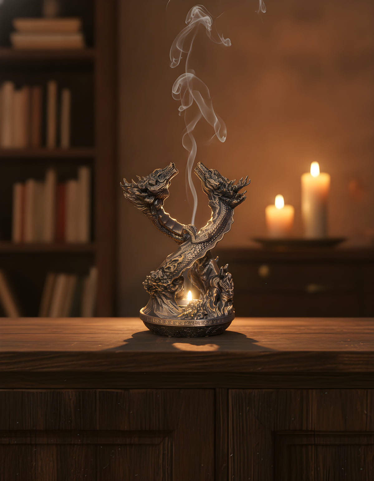 Drachen-Räucherstäbchenhalter auf dunklem Sideboard mit Kerzenlicht und aufsteigendem Rauch, Frontalansicht – Münch3D