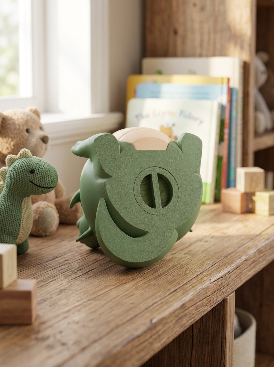 Grüne Drachen-Spardose von hinten mit sichtbarem rundem Drehverschluss zwischen den Flügeln, auf Holzregal mit gestricktem Dino-Kuscheltier, Teddybär und Bauklötzen