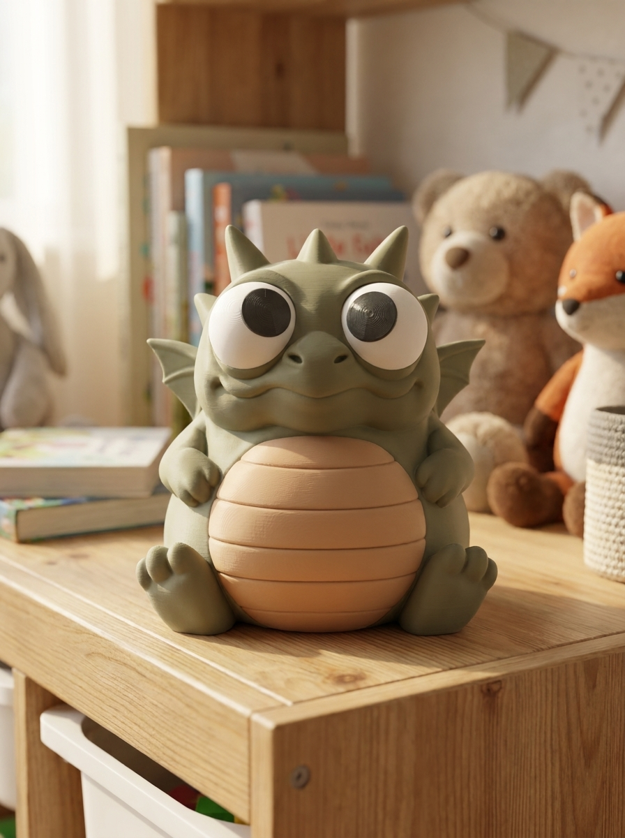 Grüne Drachen-Spardose Frontalansicht mit großen Kulleraugen und beigem geripptem Bauch, auf Holzregal mit Teddybär und Fuchs-Kuscheltier im Hintergrund