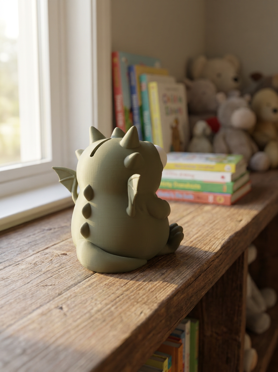 Grüne Drachen-Spardose von hinten mit Flügeln und Rückenstacheln am Fenster, Kinderbücher und Kuscheltiere im Hintergrund