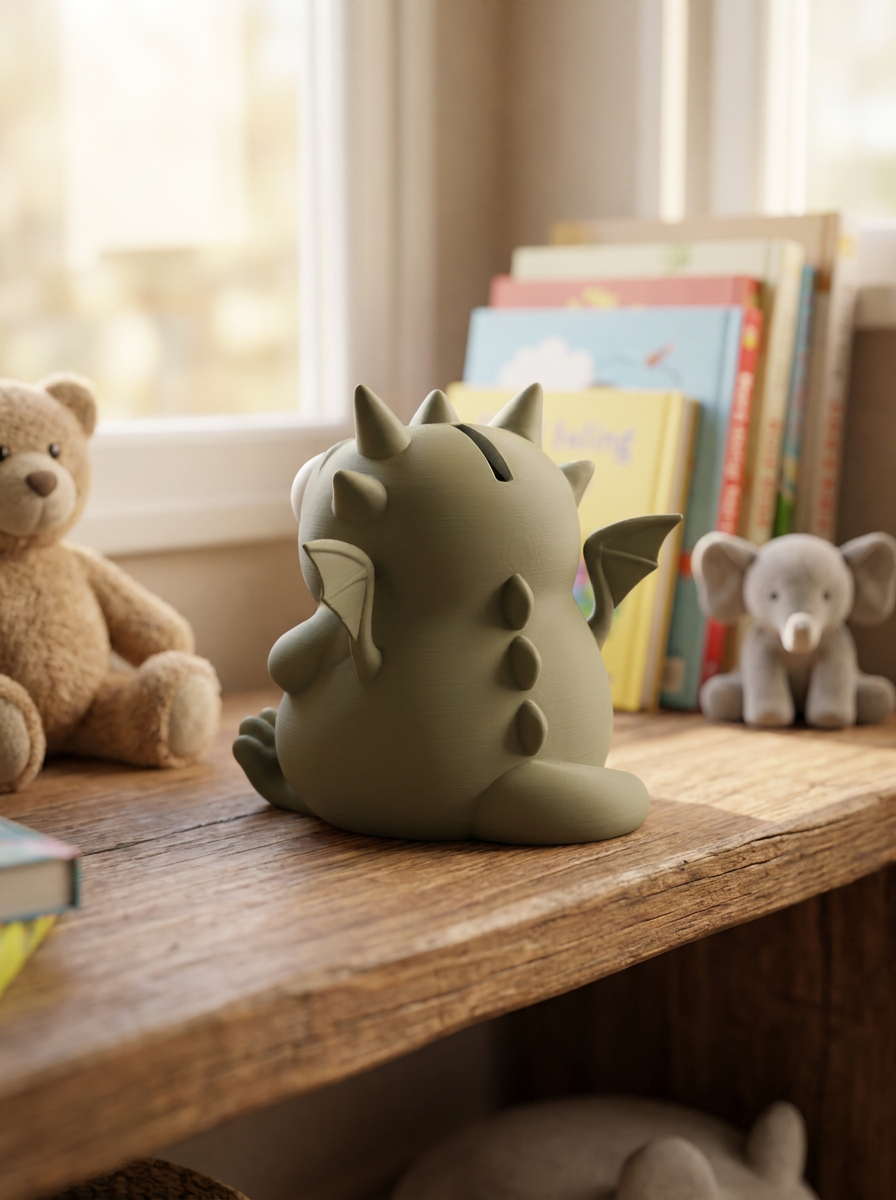 Grüne Drachen-Spardose von hinten mit Flügeln und Rückenstacheln, auf Holzregal mit Teddybär, Elefanten-Kuscheltier und Kinderbüchern