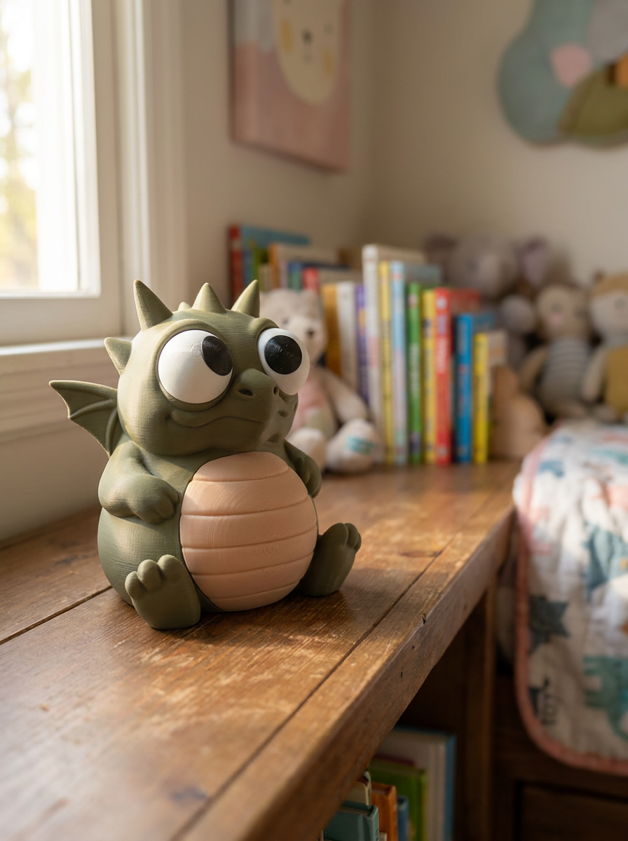 Grüne Drachen-Spardose 'Cashling' schräg von der Seite mit Kulleraugen und beigem Bauch, auf Holzregal am Fenster mit Kinderbüchern und Teddybär im Hintergrund