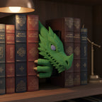 Grüner Drachenkopf Book Nook zwischen dunklen Fantasy-Buchrücken im Bücherregal, warmes Leselampenlicht