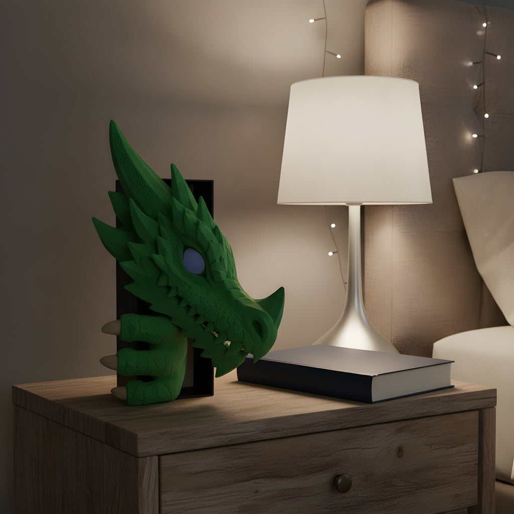 Grüner Drachenkopf Book Nook auf einem Nachttisch neben Leselampe und Buch, gemütliche Schlafzimmer-Deko