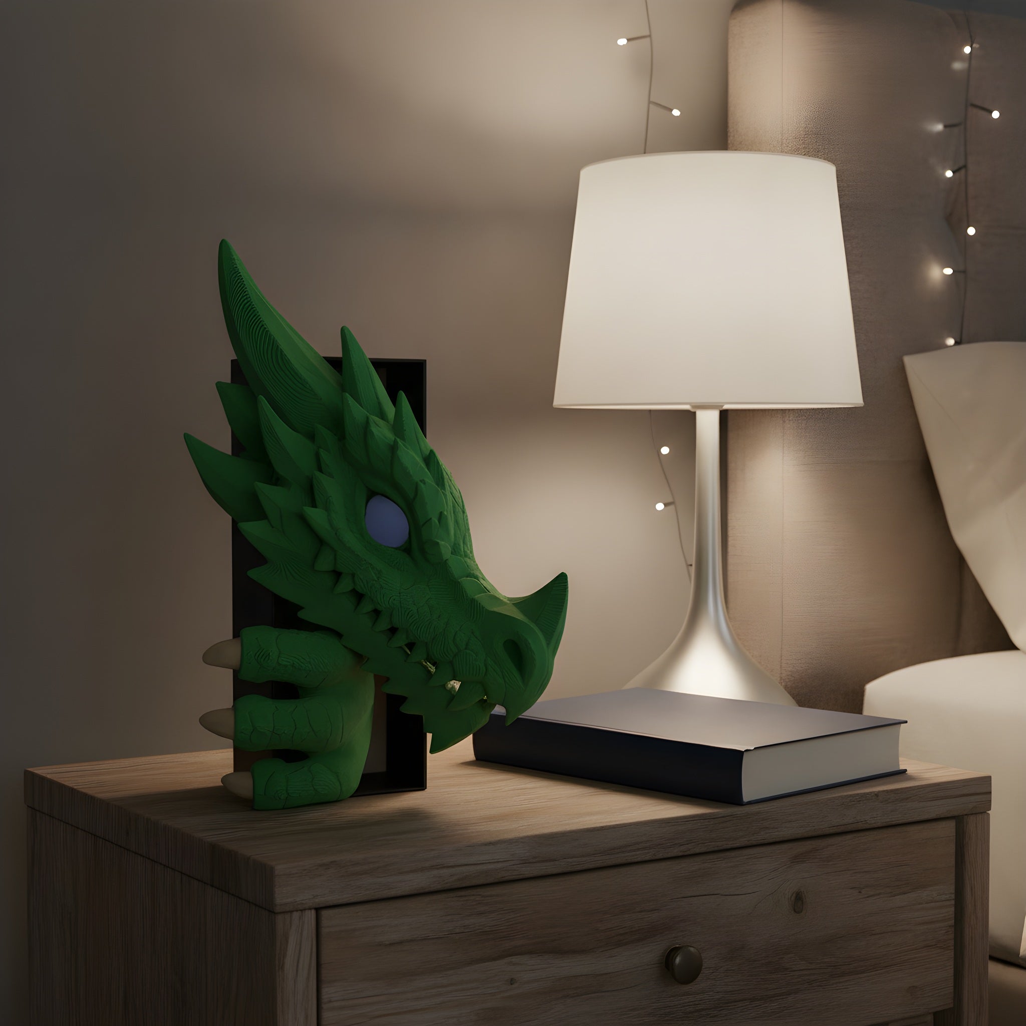 Grüner Drachenkopf Book Nook auf einem Nachttisch neben Leselampe und Buch, gemütliche Schlafzimmer-Deko