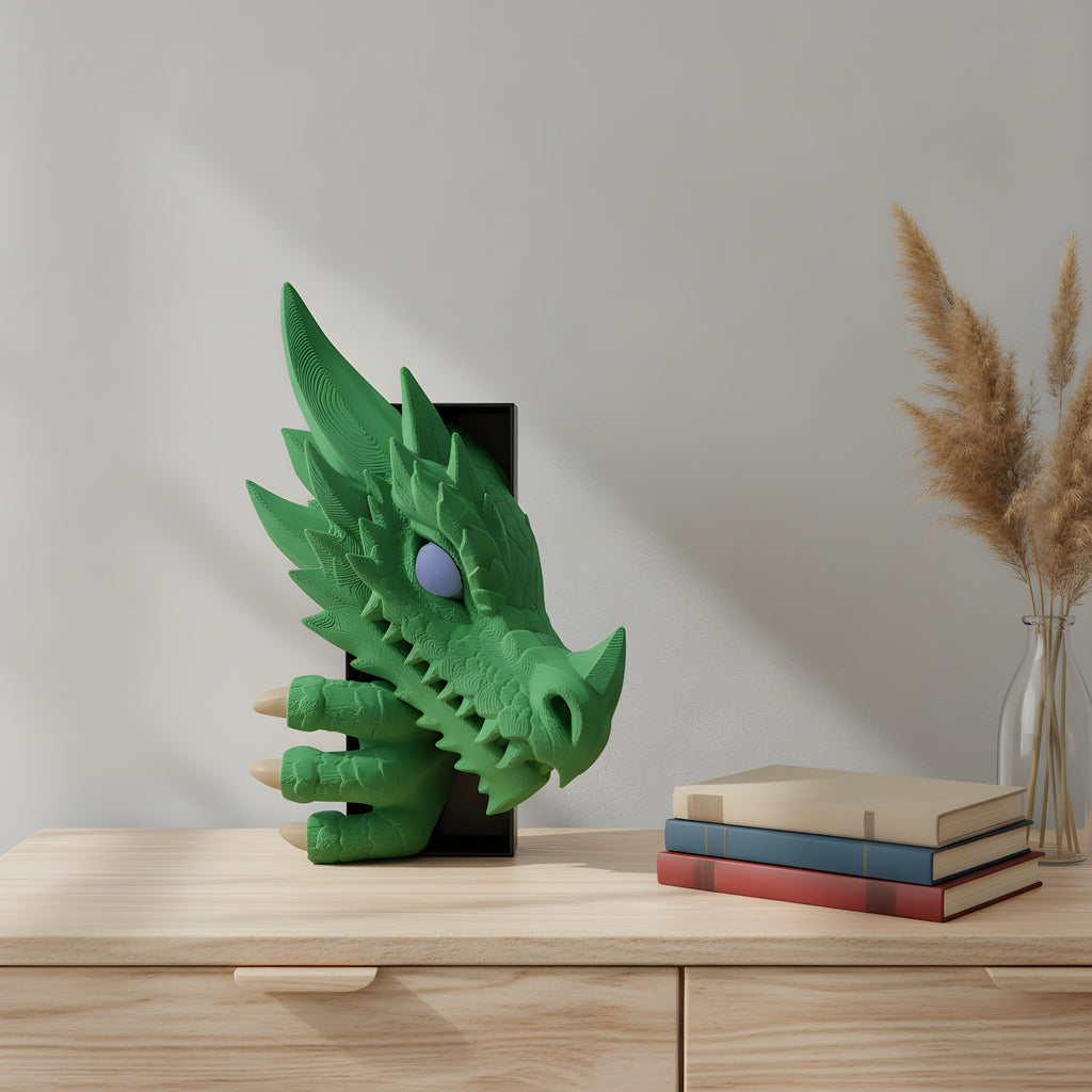 Grüner Drachenkopf Book Nook auf einem Sideboard neben Büchern und Trockenblumen-Vase im Tageslicht