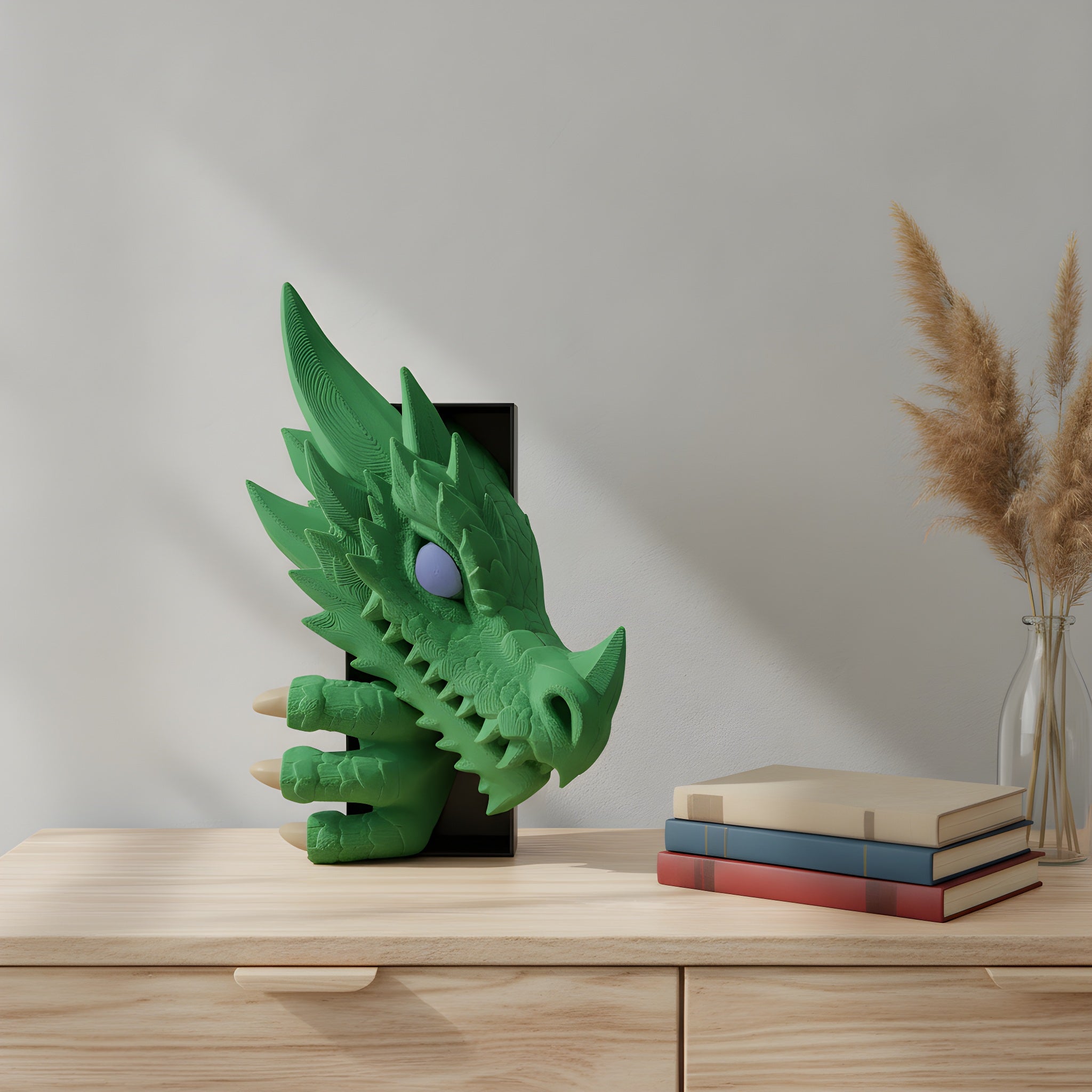 Grüner Drachenkopf Book Nook auf einem Sideboard neben Büchern und Trockenblumen-Vase im Tageslicht