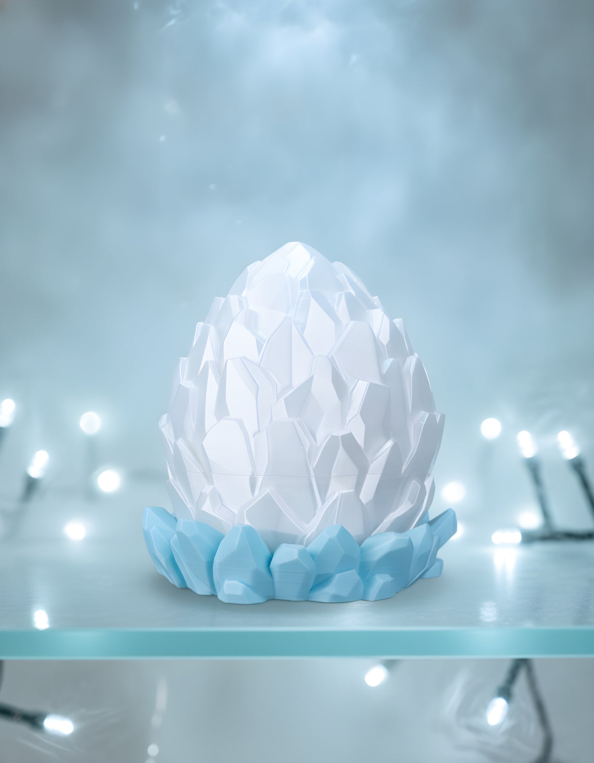 Geschlossenes weißes Kristall-Ei auf mattem Glasregal, blau-weiße Lichterkette und leichter kühler Nebel im Hintergrund, sanftes Winter-Fantasy-Licht von oben