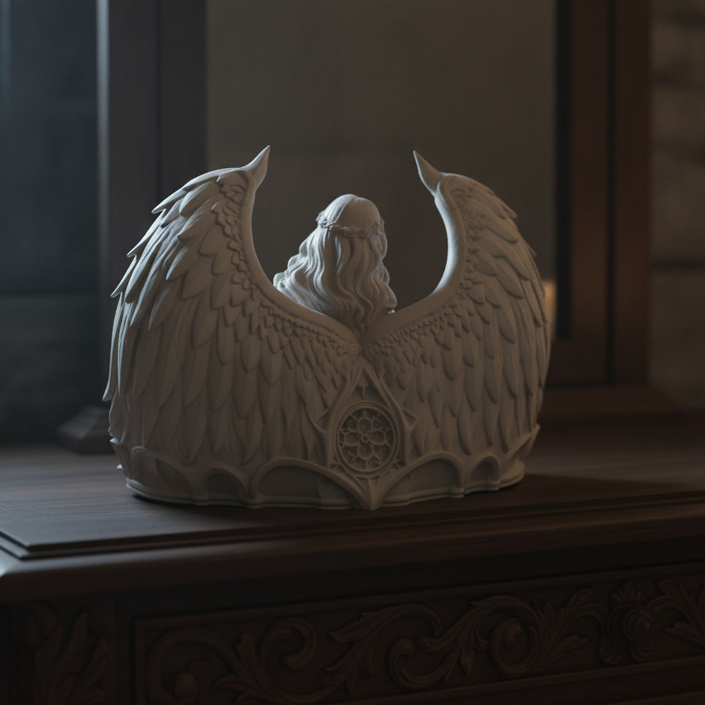 Rückansicht der Engel-Schmuckschale mit ausgebreiteten Flügeln und Kirchenfenster-Rosette am Schalenrand