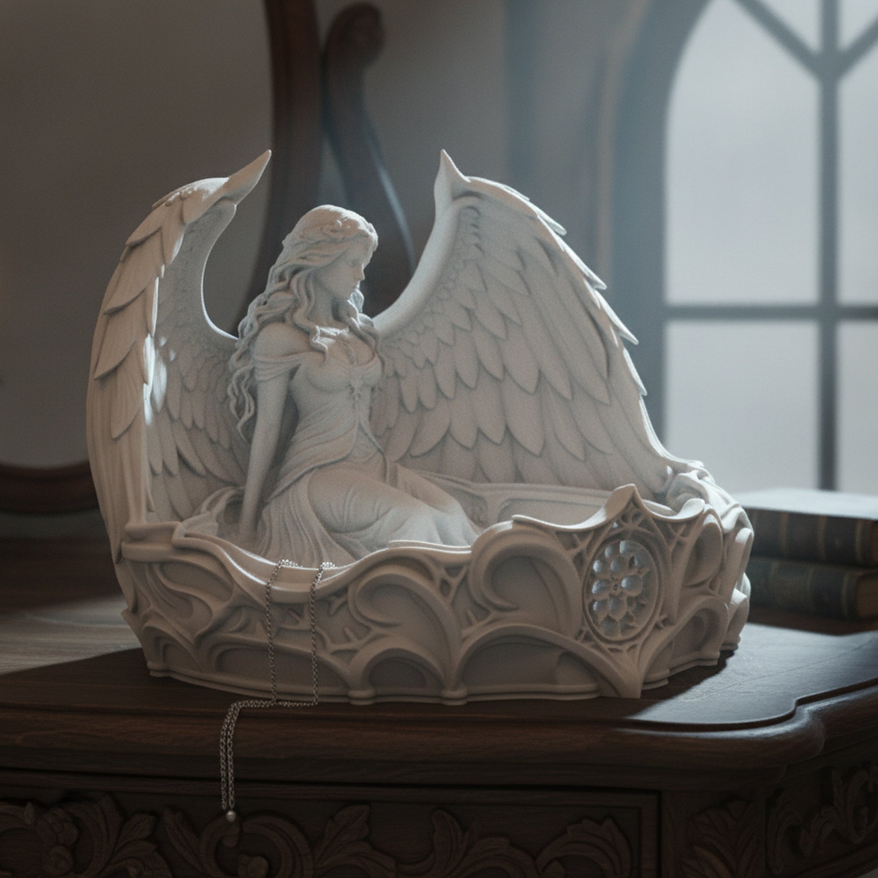 Seitenansicht der Engel-Schmuckschale mit Kirchenfenster-Rosette, Engelsfigur mit langem Haar und Kreuzanhänger, Kerzen und Bücher im Hintergrund