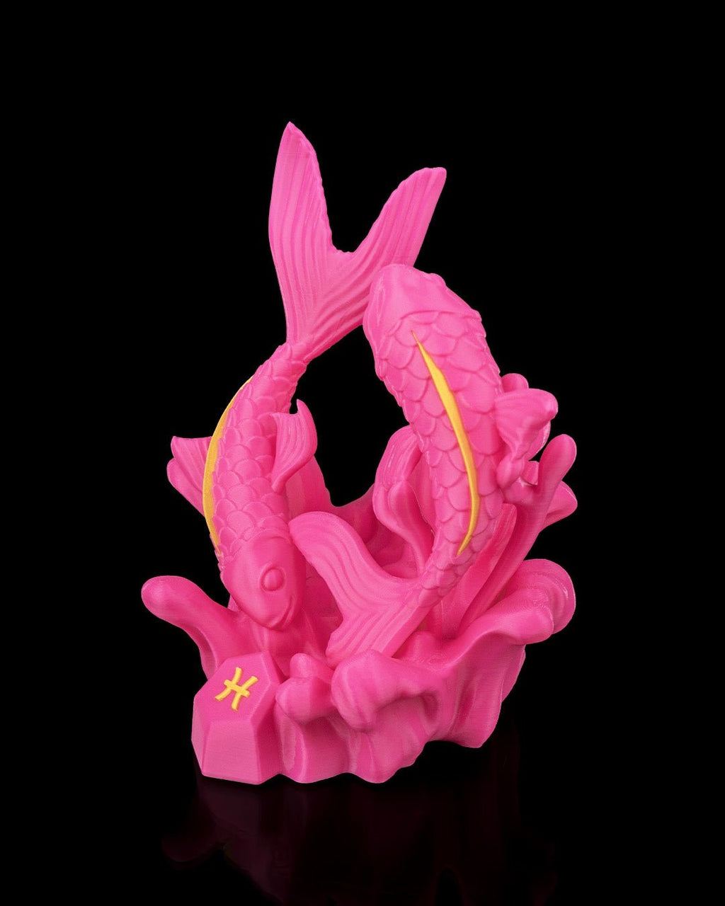 Fische-Sternzeichen-Figur in Pink, Seitenansicht mit dynamischer Bewegung der beiden Fische, vor schwarzem Hintergrund