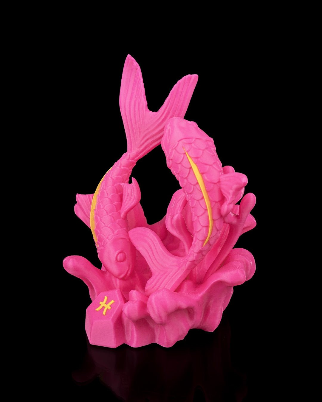 Fische-Sternzeichen-Figur in Pink, Seitenansicht mit dynamischer Bewegung der beiden Fische, vor schwarzem Hintergrund