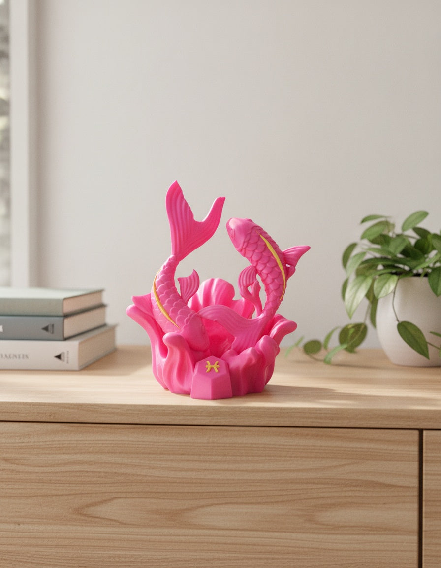 Pinke Fische-Sternzeichen-Skulptur mit zwei ineinander verschlungenen Fischen, frontale Ansicht auf hellem Holzsideboard vor weißer Wand, mit Bücherstapel und Grünpflanze im unscharfen Hintergrund – Münch3D 3D-Druck