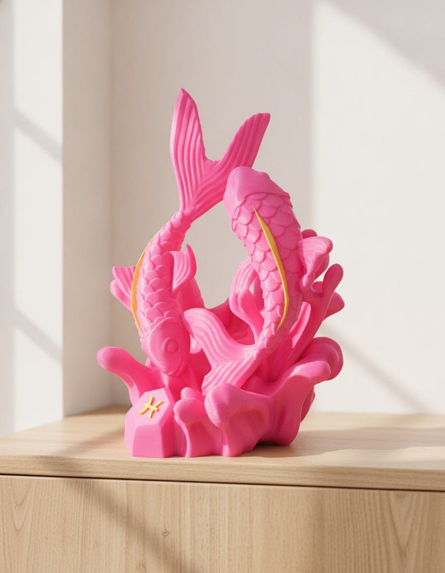 Pinke Fische-Skulptur, seitliche Ansicht mit den beiden Koi-Fischen, auf hellem Holzsideboard mit unscharfem Hintergrund