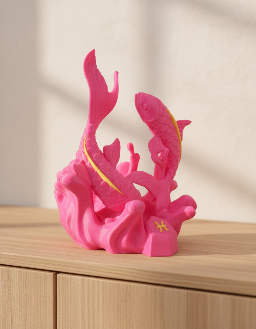 Pinke Fische-Skulptur, Rückansicht mit hoch aufragenden Schwanzflossen, auf hellem Holzsideboard mit unscharfem Hintergrund