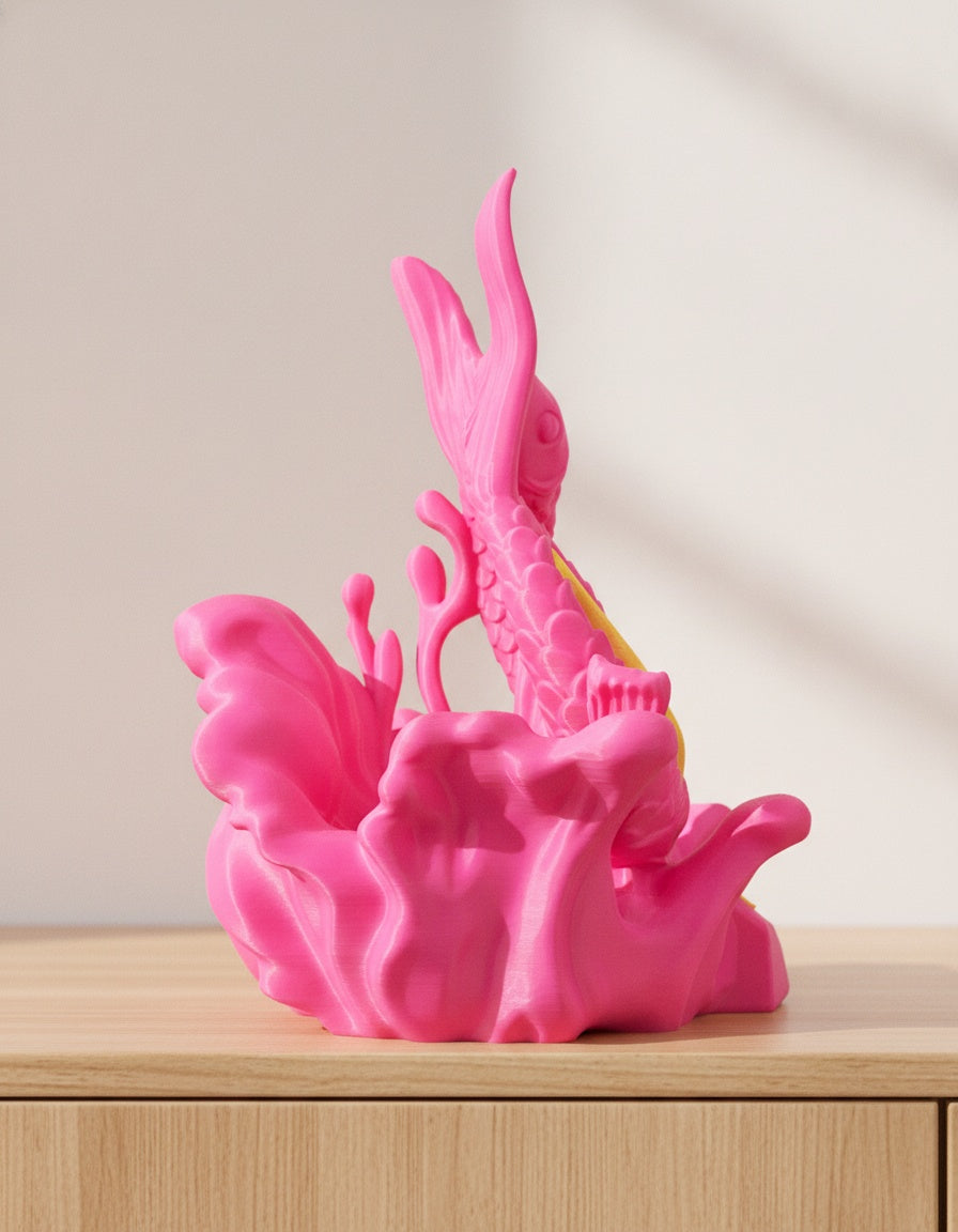 Pinke Fische-Skulptur von hinten mit ringförmig verschlungenen Fischen, auf hellem Holzsideboard mit unscharfem Hintergrund