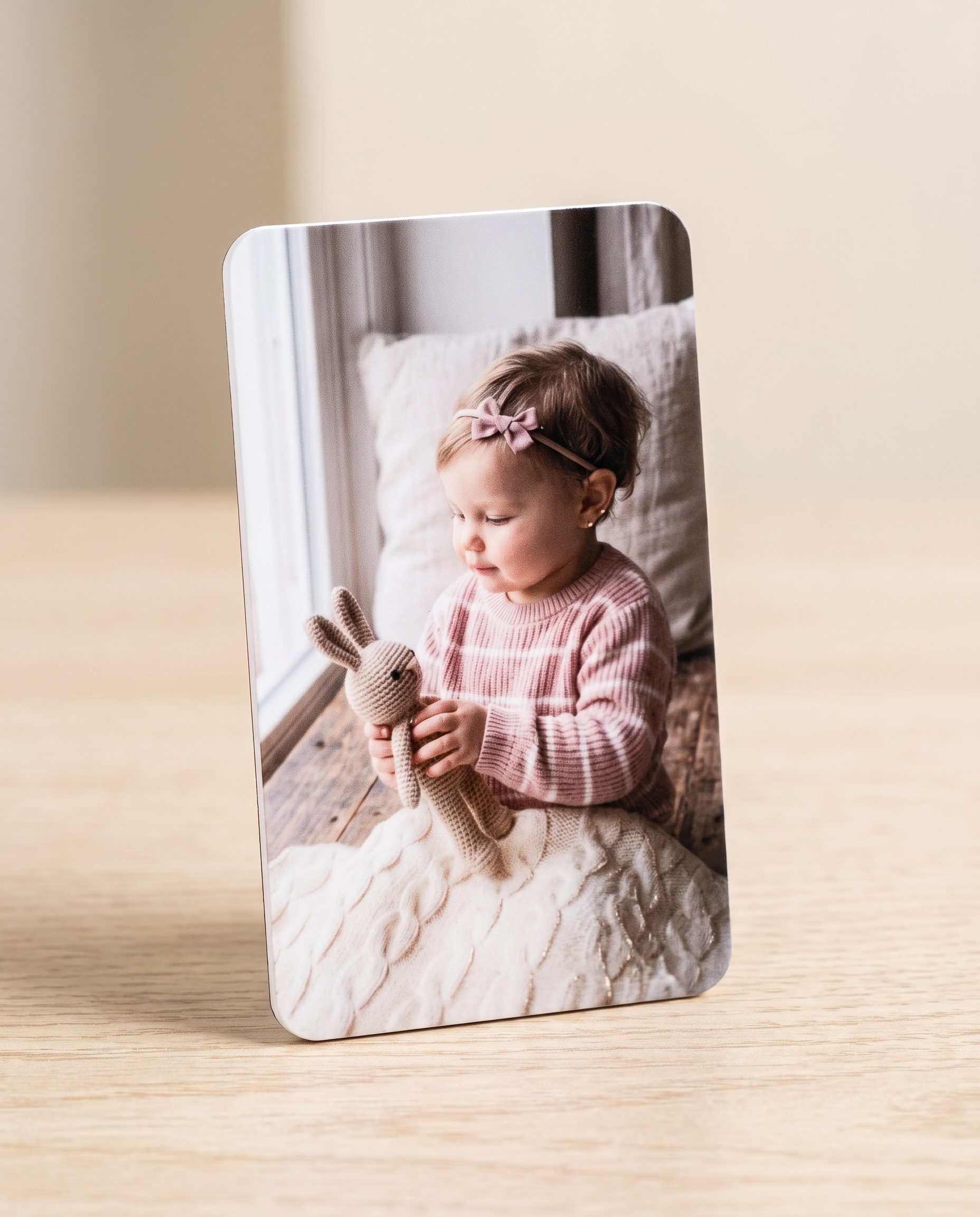 Foto-Kühlschrankmagnet mit Kinderfoto (Mädchen mit Haarschleife hält Häschen-Kuscheltier), auf Holztisch stehend