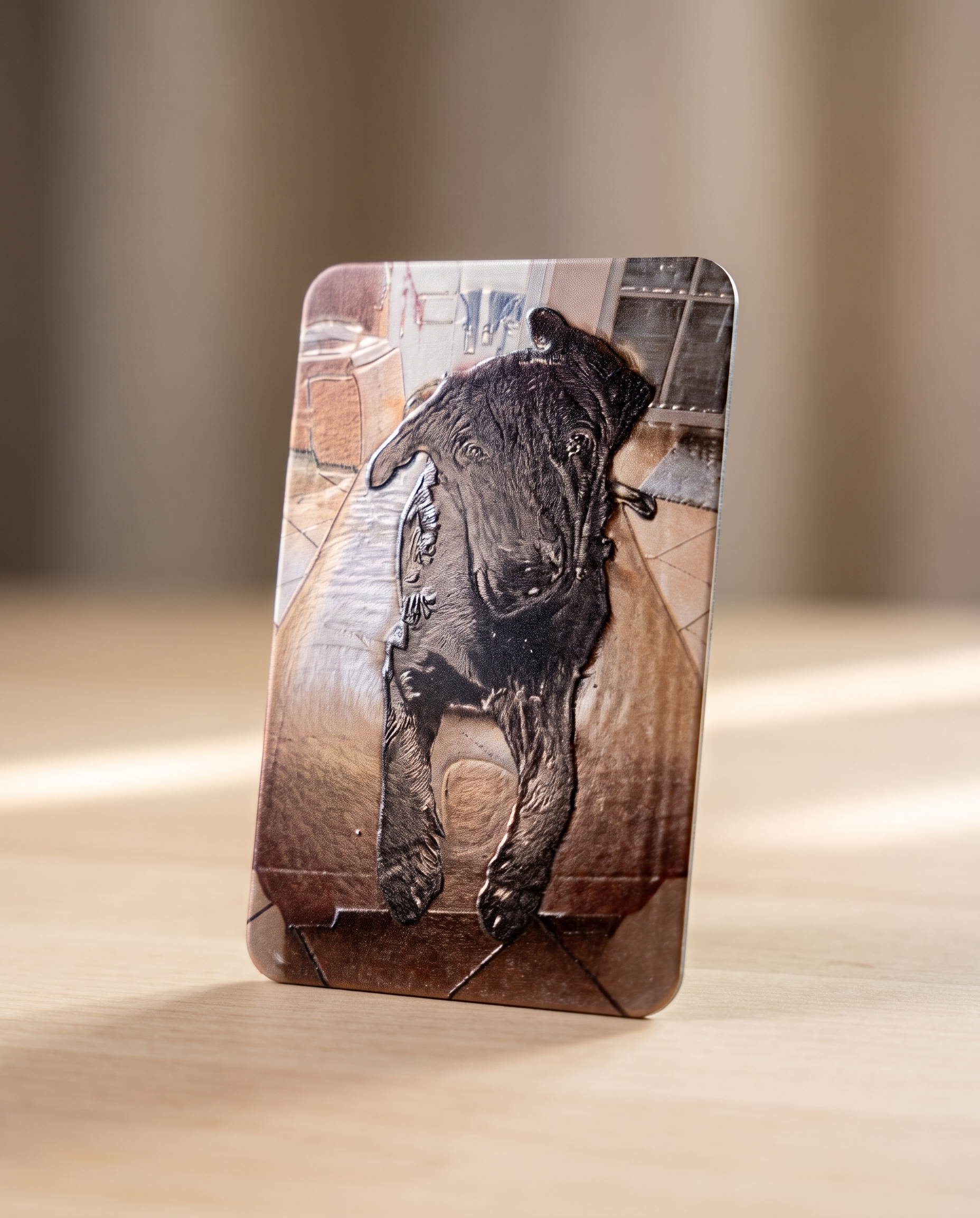 Foto-Kühlschrankmagnet mit stilisiertem Reliefeffekt auf Hundefoto (schwarzer Hund auf Ledersofa), auf Holztisch stehend