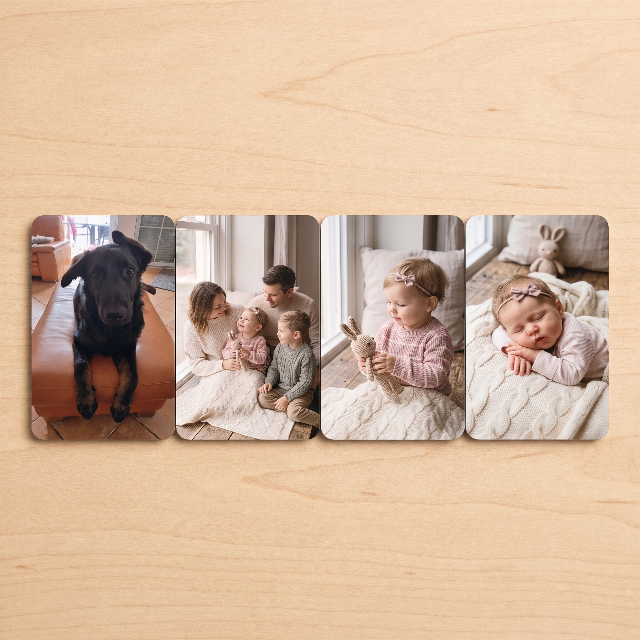 Vier Foto-Kühlschrankmagnete nebeneinander auf Holztisch: schwarzer Hund, Familie mit zwei Kindern, Mädchen mit Häschen-Kuscheltier, schlafendes Baby mit Haarschleife