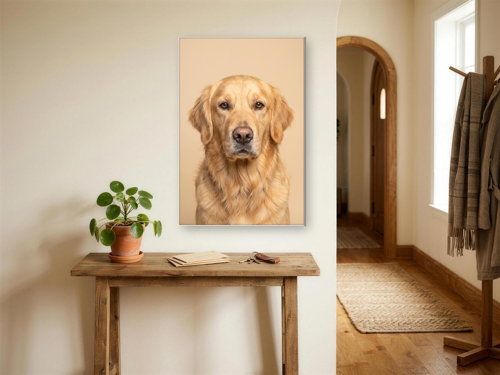 Foto-Wandbild aus Acrylglas mit Hundeporträt, UV-Relief-Druck über Kommode im Eingangsbereich
