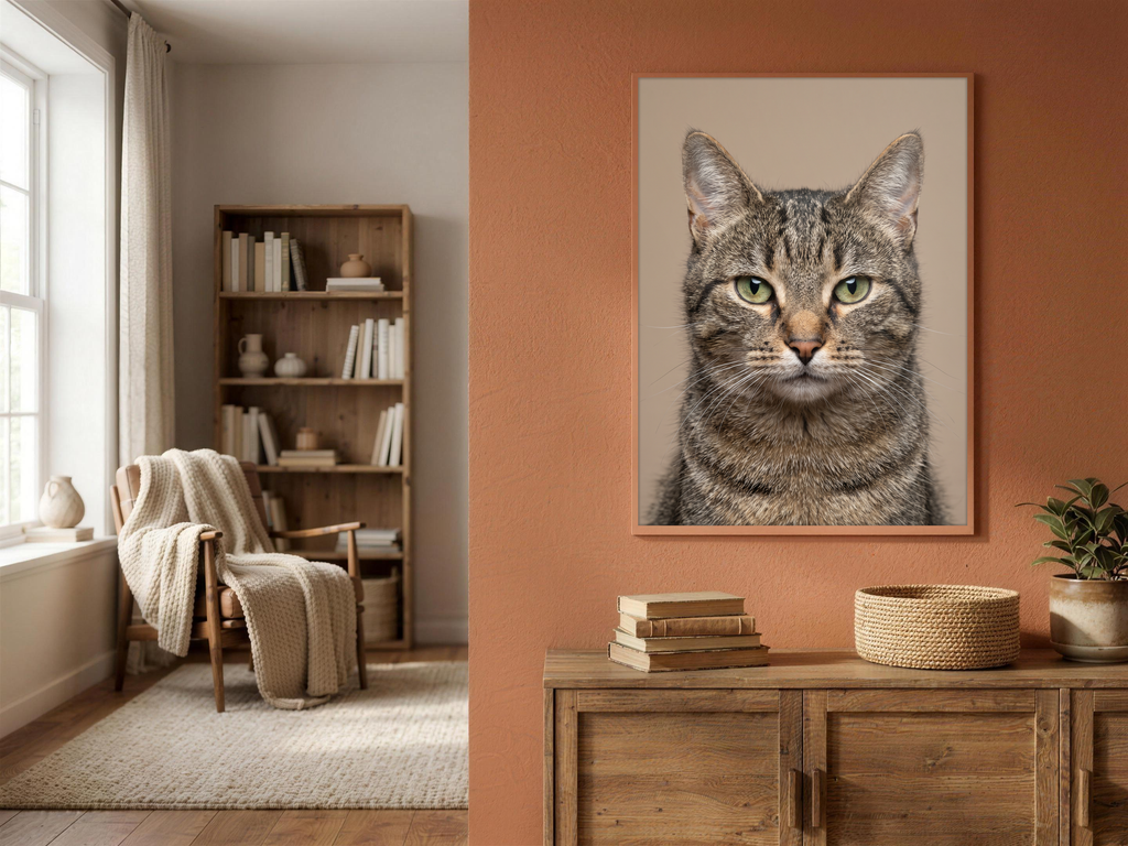 Foto-Wandbild aus Acrylglas mit Katzenporträt, UV-Relief-Druck an terrakottafarbener Wohnzimmerwand