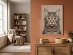 Foto-Wandbild aus Acrylglas mit Katzenporträt, UV-Relief-Druck an terrakottafarbener Wohnzimmerwand