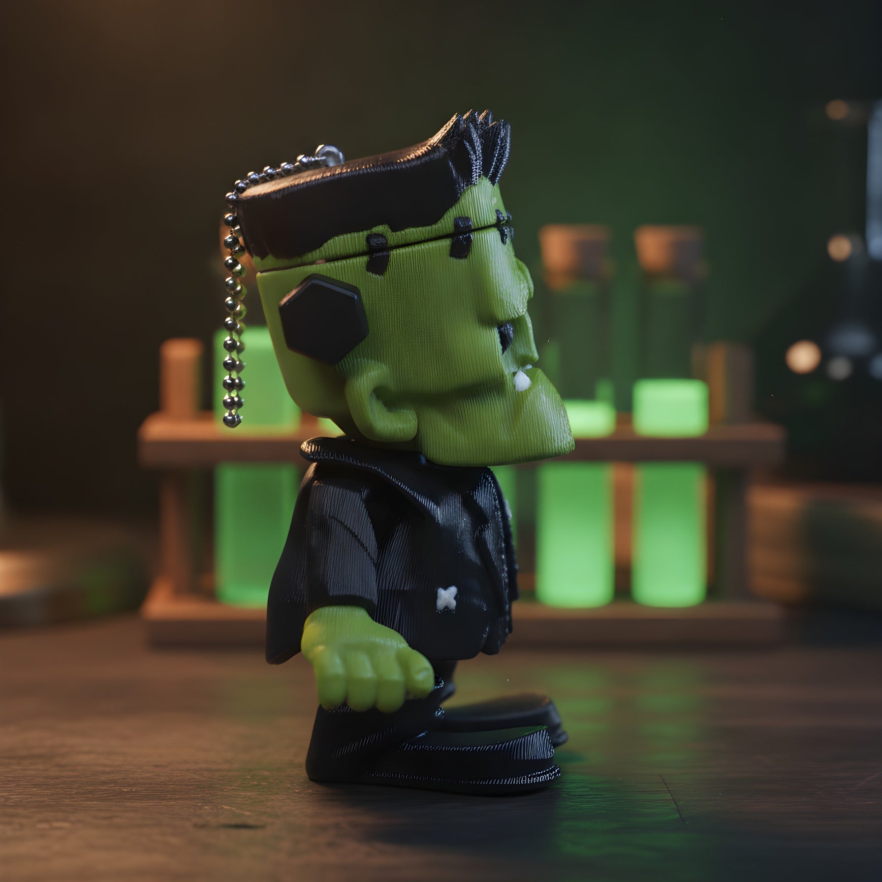 Frankenstein-Schlüsselanhänger seitlich fotografiert, im Hintergrund leuchtend grüne Glasfläschchen auf einem Holzregal.