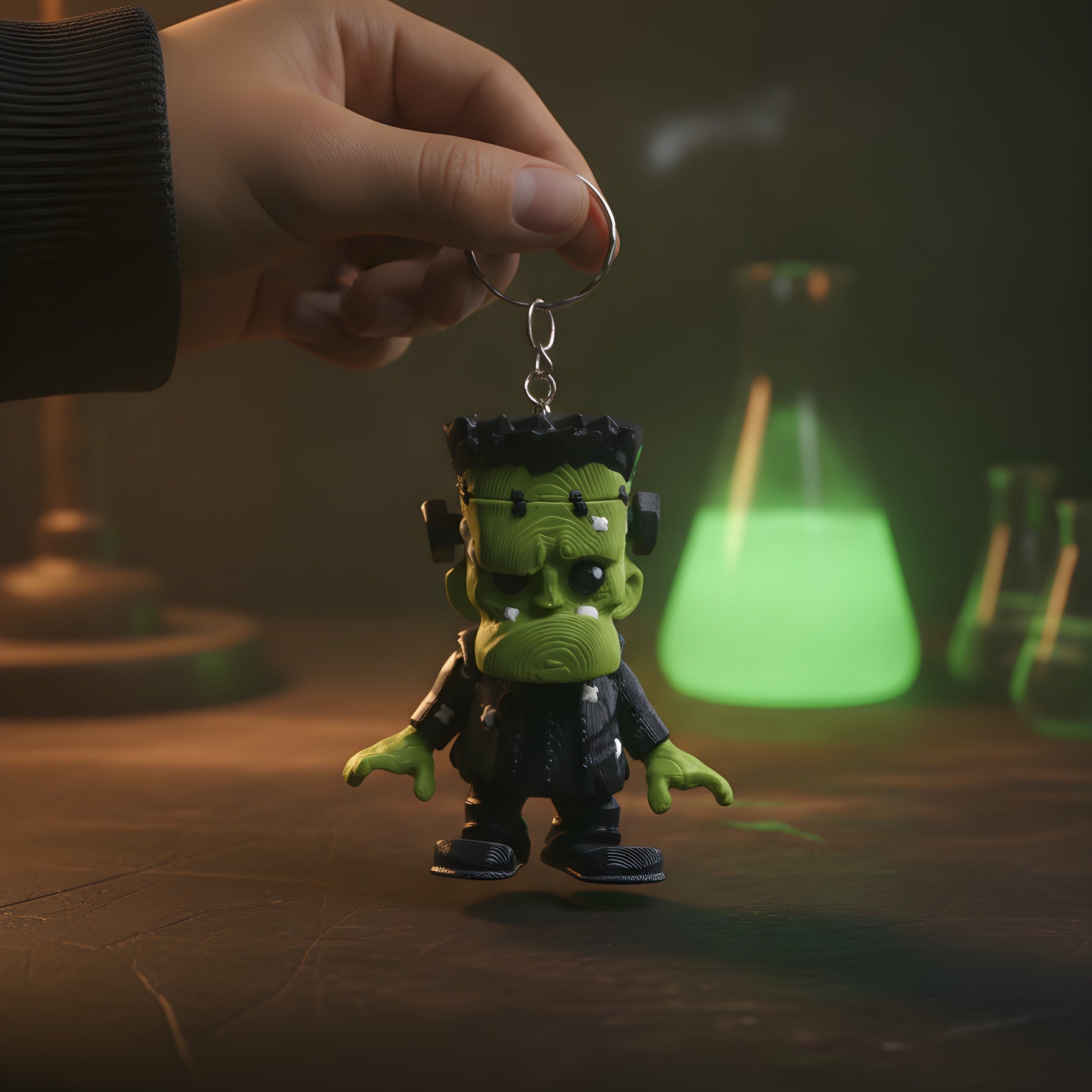 Hand hält den Frankenstein-Schlüsselanhänger am Metallring vor einem Labortisch, zeigt die tatsächliche Größe der Chibi-Figur.