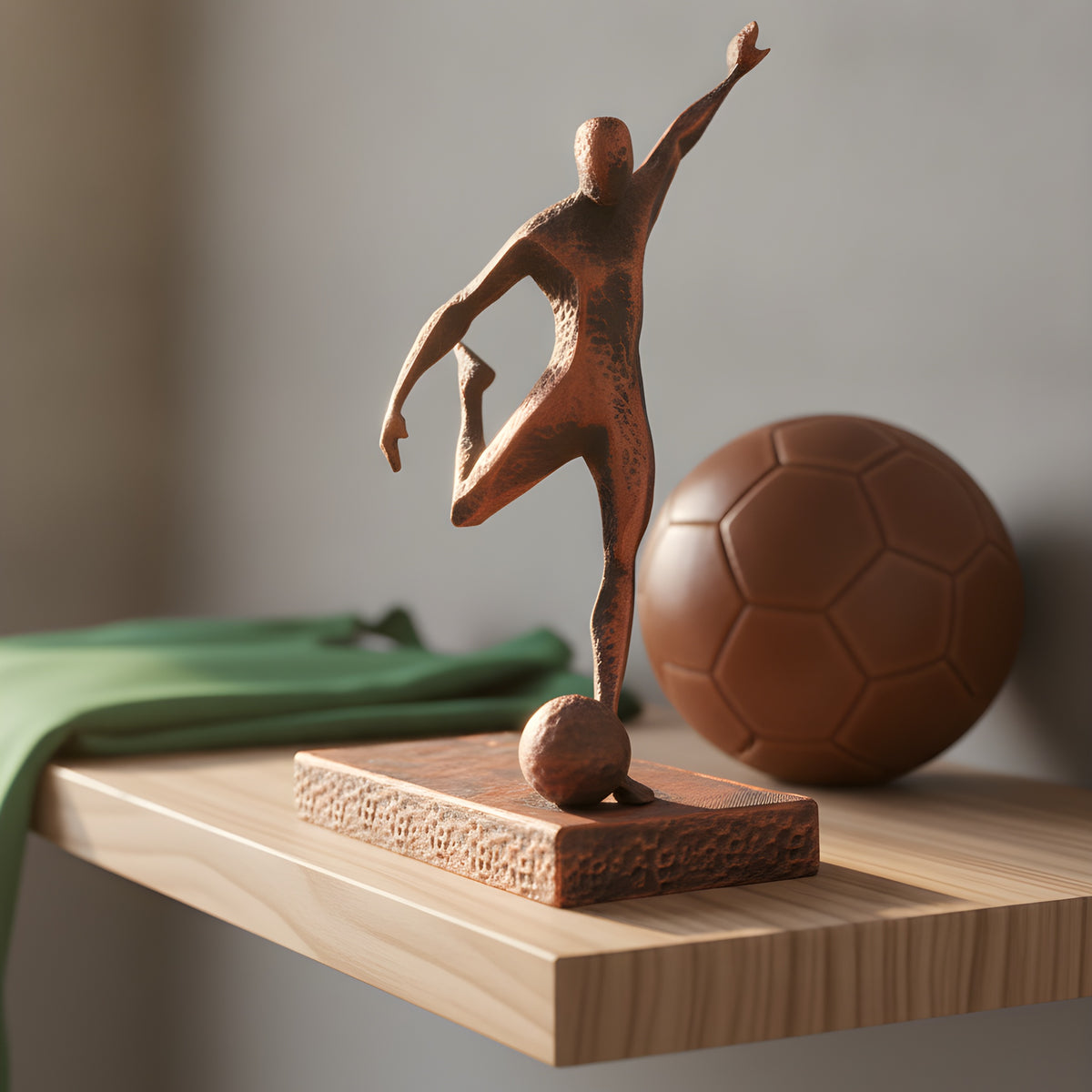 Fußballspieler-Statue in Kupfer-Bronze-Optik auf hellem Holzregal im Home-Gym, Frontalansicht beim Torschuss, unscharfer Hintergrund mit gefaltetem grünem Trikot und Lederfußball – Münch3D