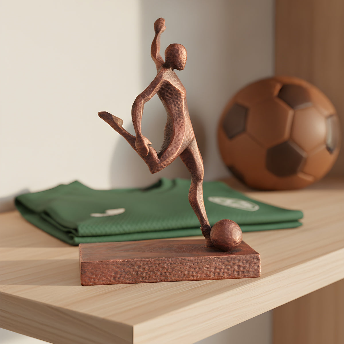 Fußballspieler-Statue in Kupfer-Bronze-Optik auf Holzregal, Seitenansicht mit Ball am Fuß, unscharfer Hintergrund mit grünem Trikot und Fußball – Münch3D