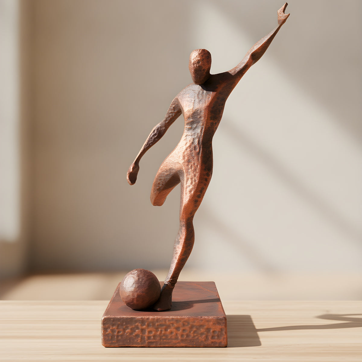 Detailansicht Seitenprofil der Fußballspieler-Statue in Kupfer-Bronze-Optik auf Holzoberfläche, weich unscharfer warmer Hintergrund – Münch3D