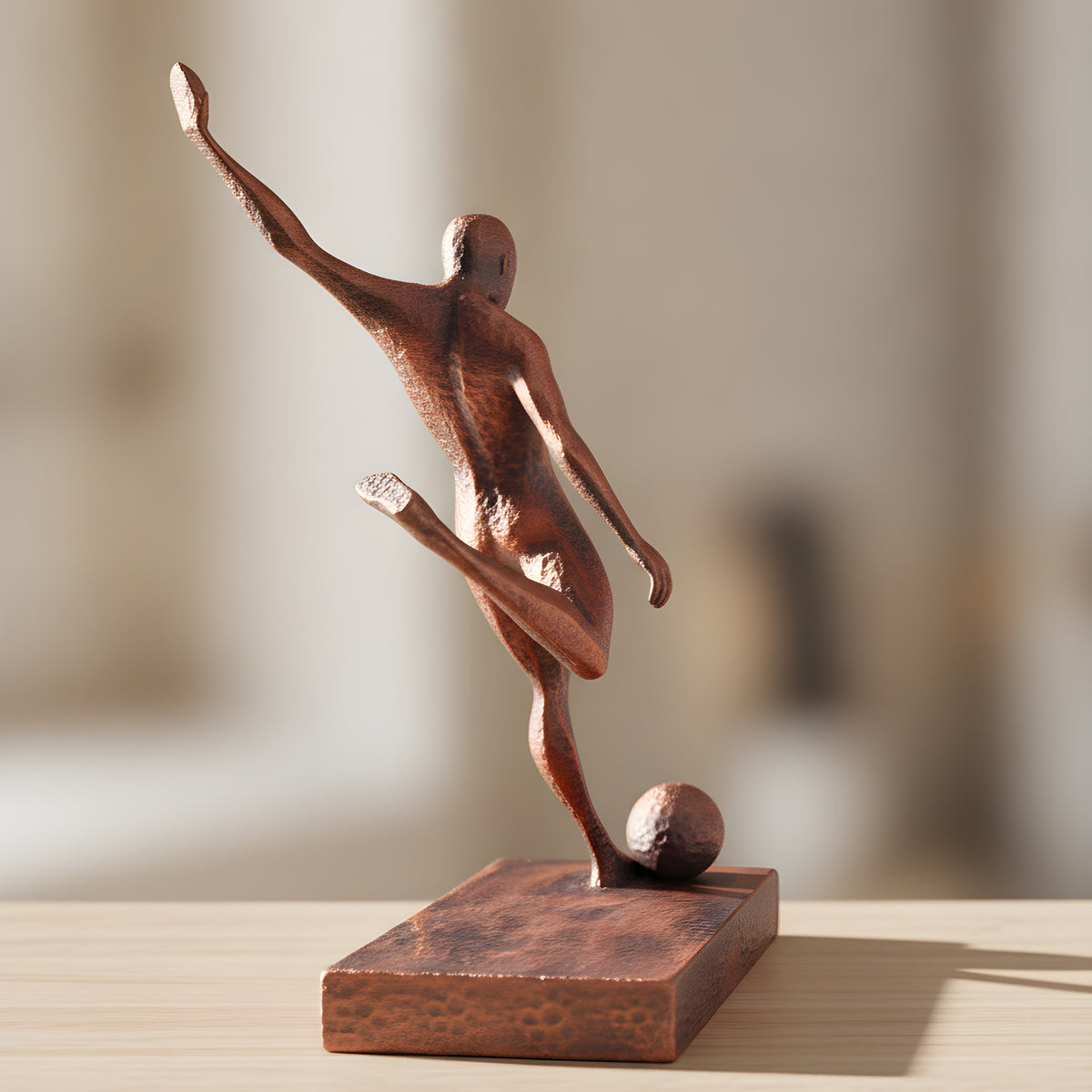 Fußballspieler-Statue in Kupfer-Bronze-Optik, Rückansicht mit Ball am Fuß auf Holzoberfläche, weich unscharfer warmer Hintergrund – Münch3D