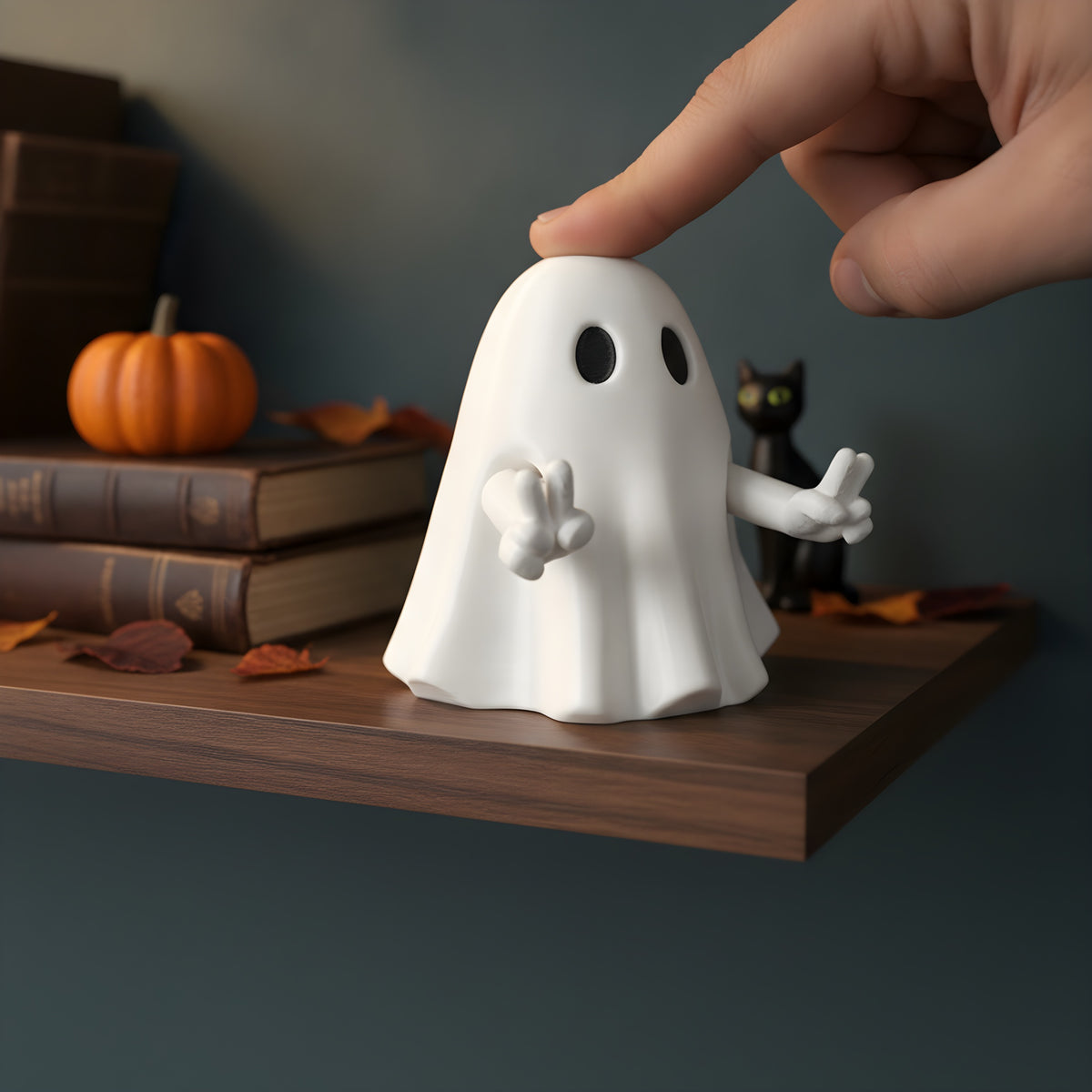 Geist-Figur mit Peace-Zeichen in dynamischer Pose, Hand hält die Figur zum Größenvergleich, Herbstdeko im Hintergrund