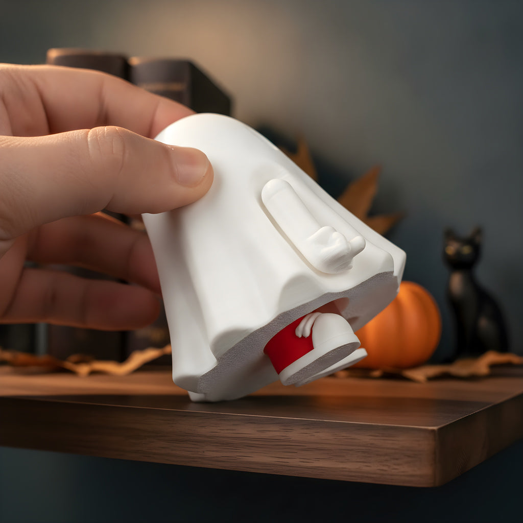 Nahaufnahme des Wechselarm-Mechanismus mit rotem Steckzapfen, Hand hält die geöffnete Geist-Figur