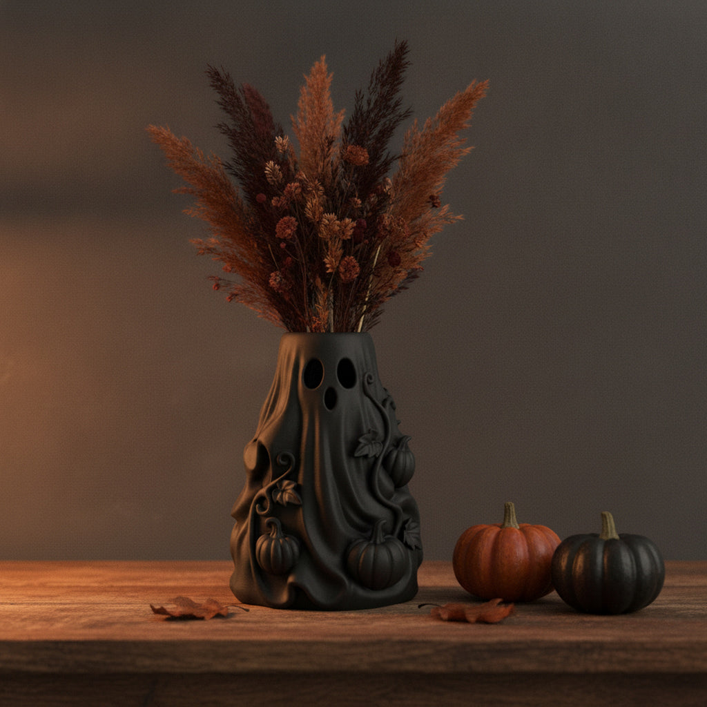 Geistervase aus der 3/4-Ansicht mit getrockneten Gräsern, Halloween-Deko-Arrangement