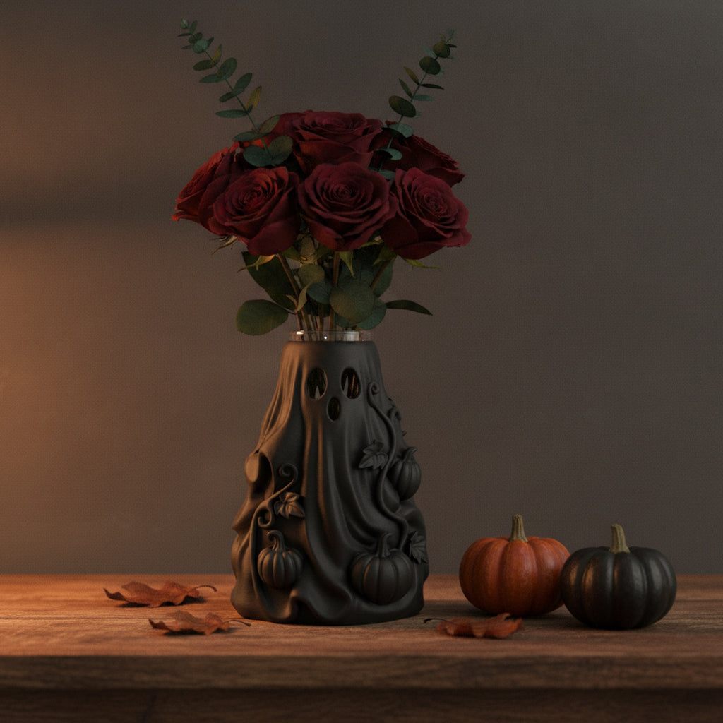 Geistervase mit frischen dunkelroten Rosen und Eukalyptus in Wasser, gefüllt als Blumenvase im herbstlichen Ambiente
