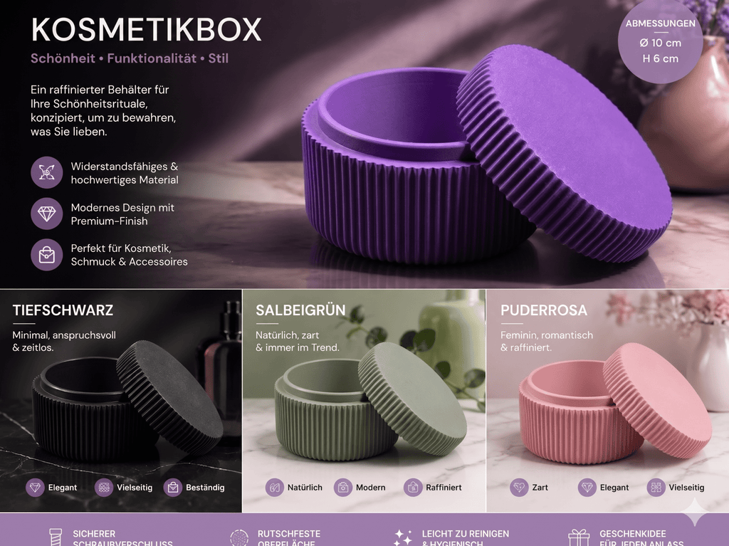 Infografik zur Kosmetikbox mit Produktfoto in Lila groß oben (Maßangabe Ø10 cm, H 6 cm) und drei Farbvarianten unten: Tiefschwarz, Salbeigrün und Puderrosa, mit deutschen Beschreibungstexten