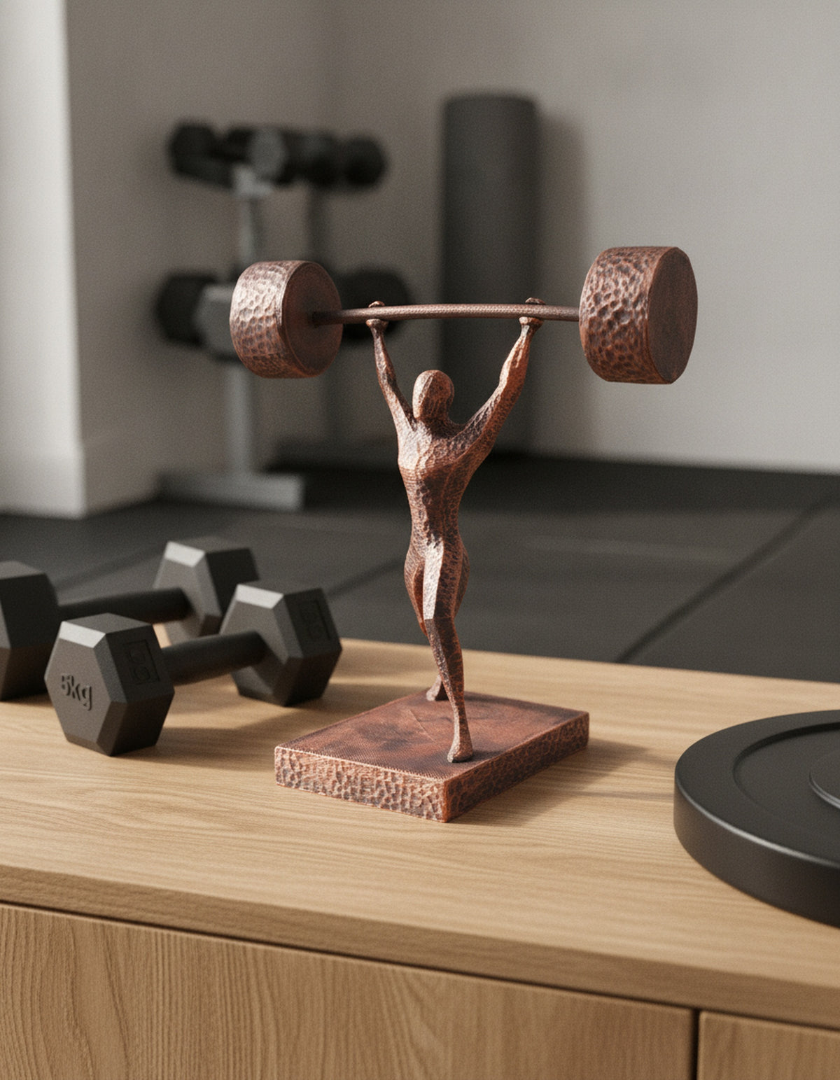 Gewichtheber-Statue in Kupfer-Optik, Dreiviertelansicht beim Stemmen der Langhantel auf einem Holzsideboard im Home Gym neben Kurzhanteln und Gewichtsscheibe – Münch3D