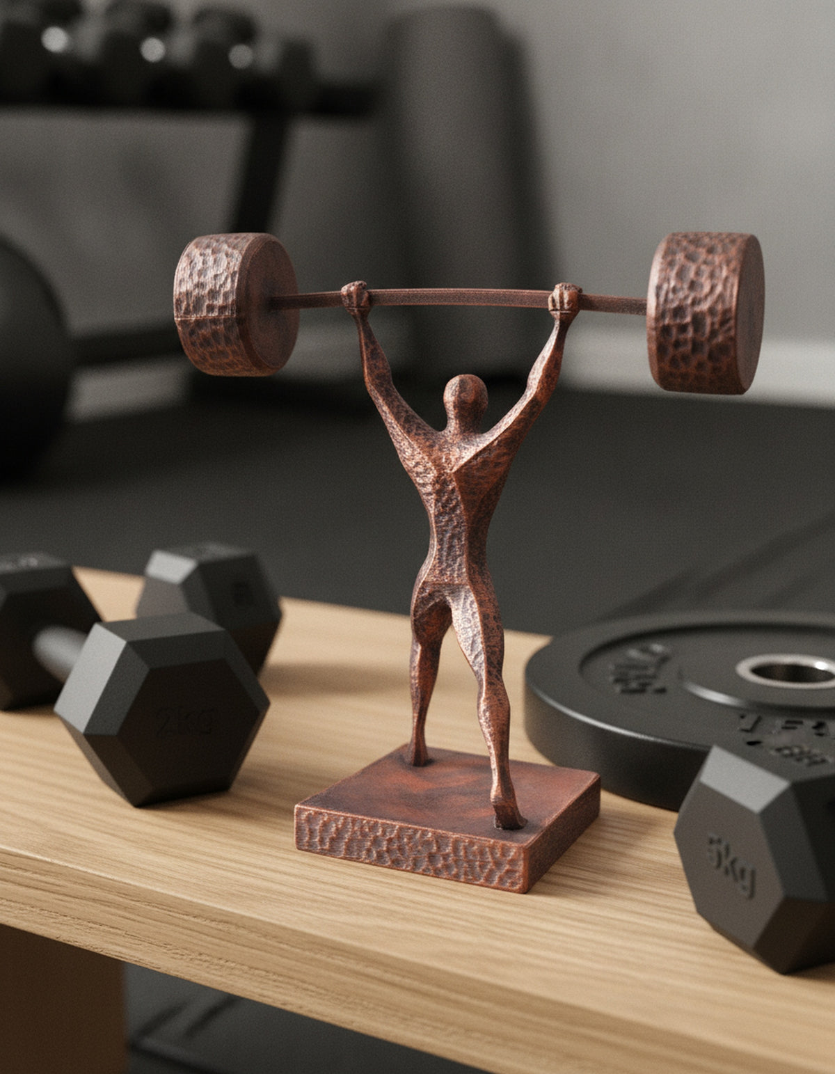 Nahaufnahme der handbemalten Gewichtheber-Statue beim Überkopf-Stemmen der Langhantel, Kupfer-Bronze-Musterung und Druckstruktur sichtbar, auf Holzregal im Home Gym – Münch3D