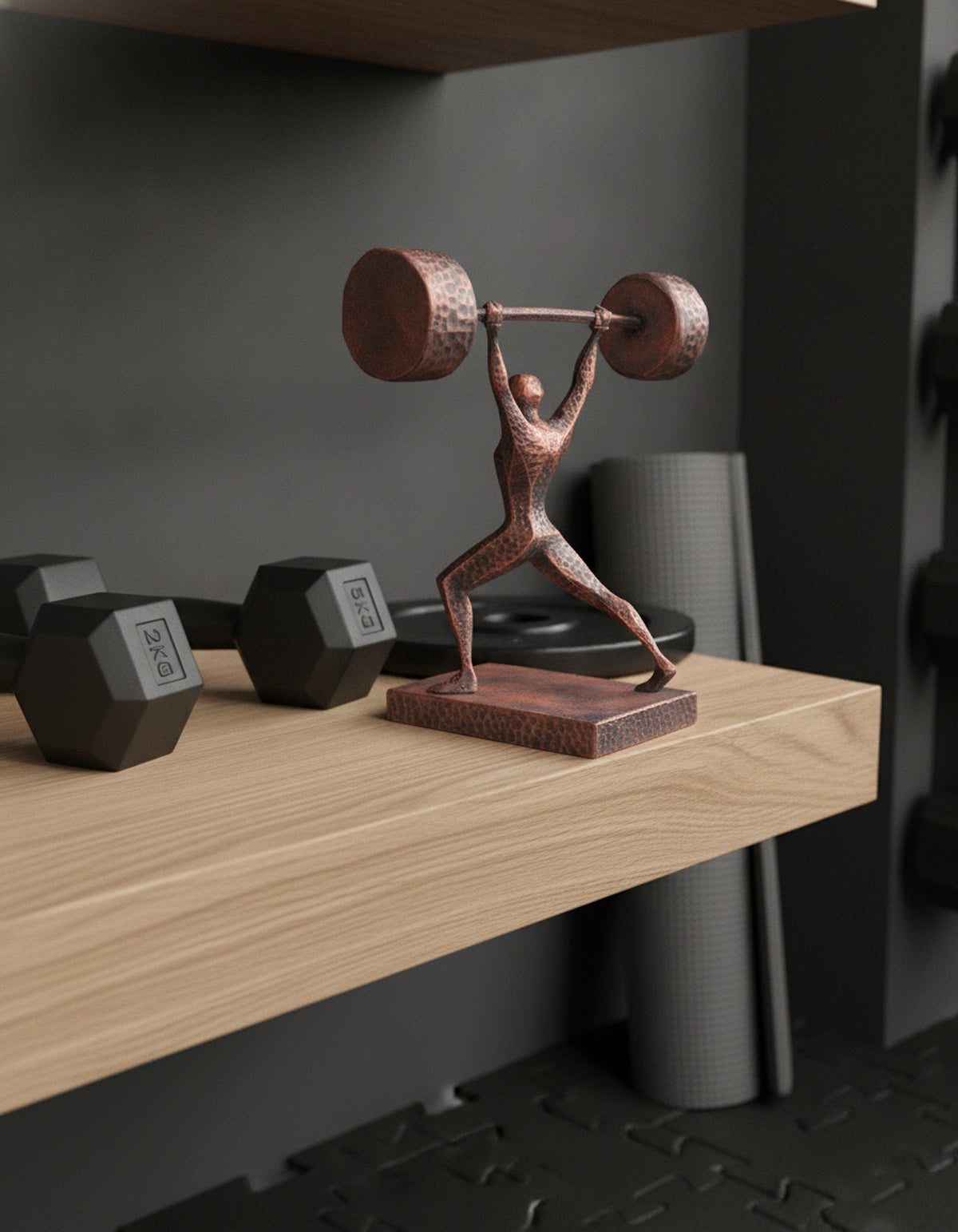 Gewichtheber-Statue in Kupfer-Optik, Rückansicht beim Stemmen der Langhantel auf einem Holzregal im Home Gym, im Hintergrund unscharf Gymnastikmatte und Hantelständer – Münch3D