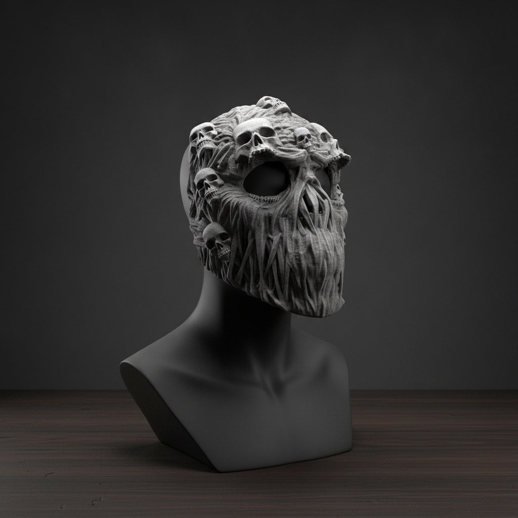 Ghoul-Totenkopf-Maske in Grau, Seitenprofil mit Schädeldetails, auf schwarzer Ausstellungsbüste montiert, dunkler Studiohintergrund mit Spotlight