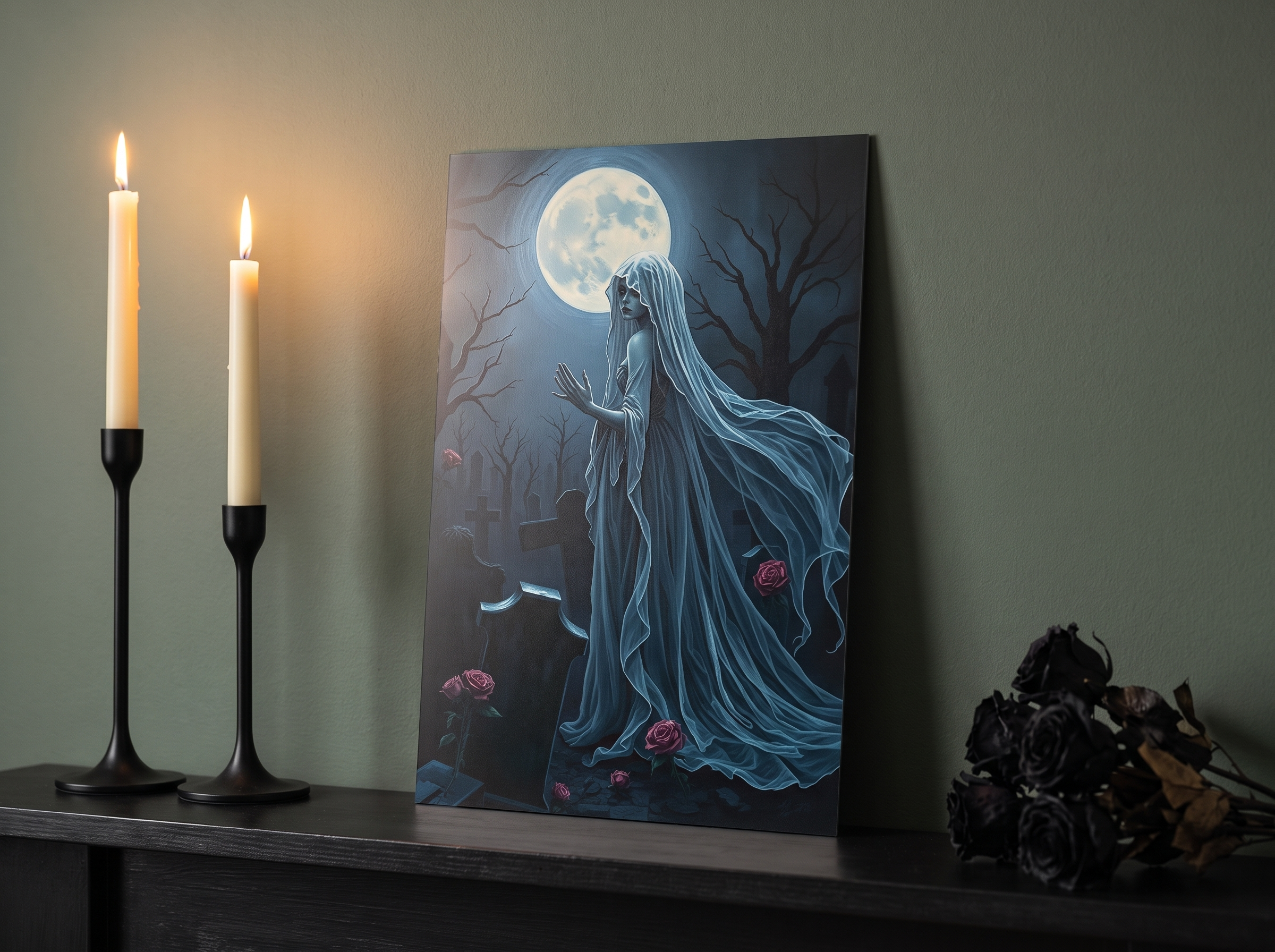 Echtes Produktfoto des Designs 8 – Gothic-Braut auf dem Friedhof als Acrylglas-Wandbild an der Wand, UV-Druck mit Relief-Textur