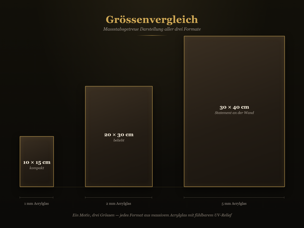 Größenvergleich der drei Formate 10x15cm, 20x30cm und 30x40cm – Dunkles Gothic-Wandbild aus Acrylglas mit UV-Relief-Druck
