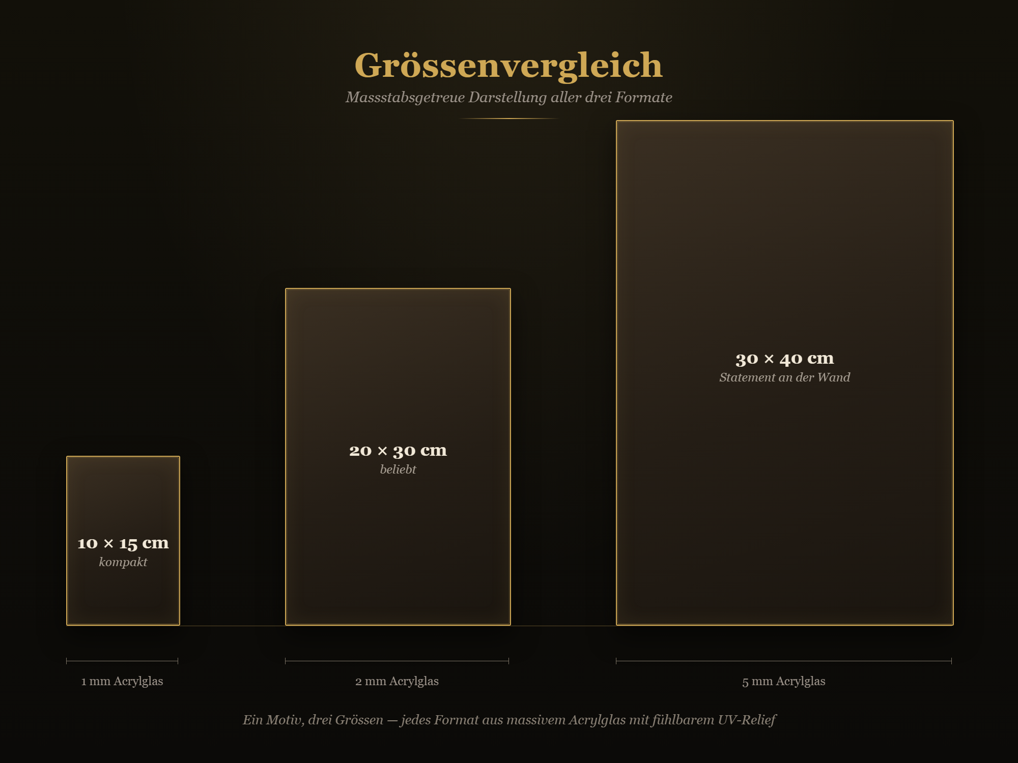 Größenvergleich der drei Formate 10x15cm, 20x30cm und 30x40cm – Dunkles Gothic-Wandbild aus Acrylglas mit UV-Relief-Druck