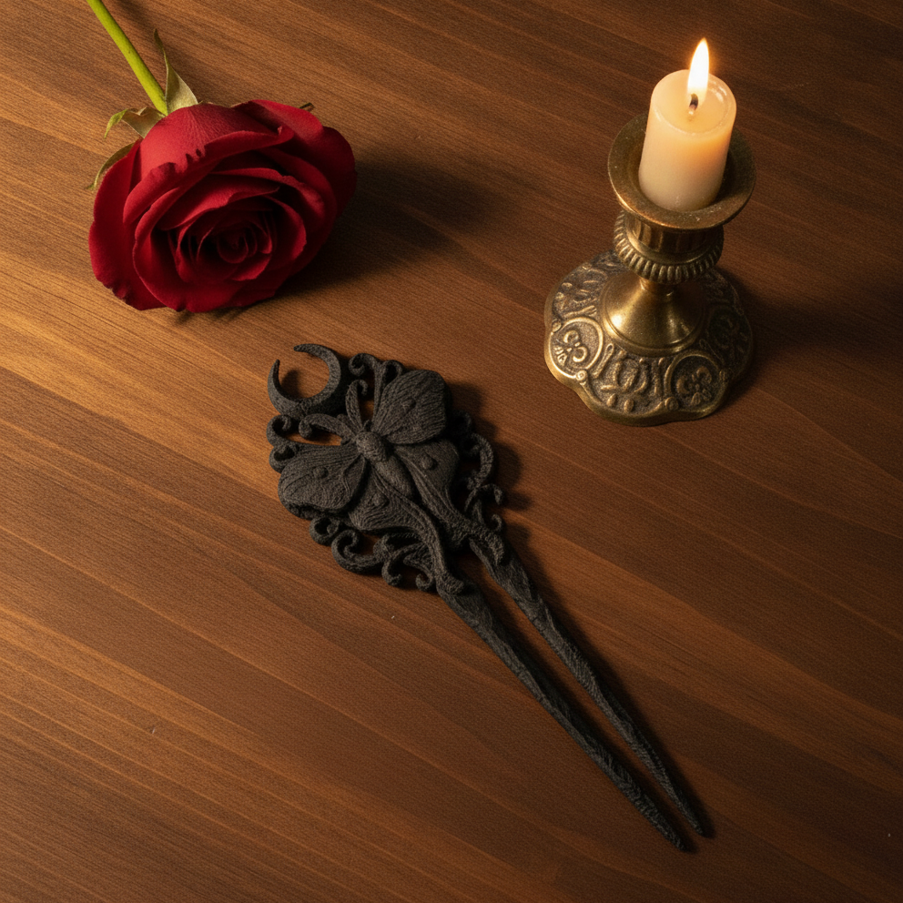 Schwarze Gothic-Haarnadel im Flatlay von oben neben Kerze und roter Rose